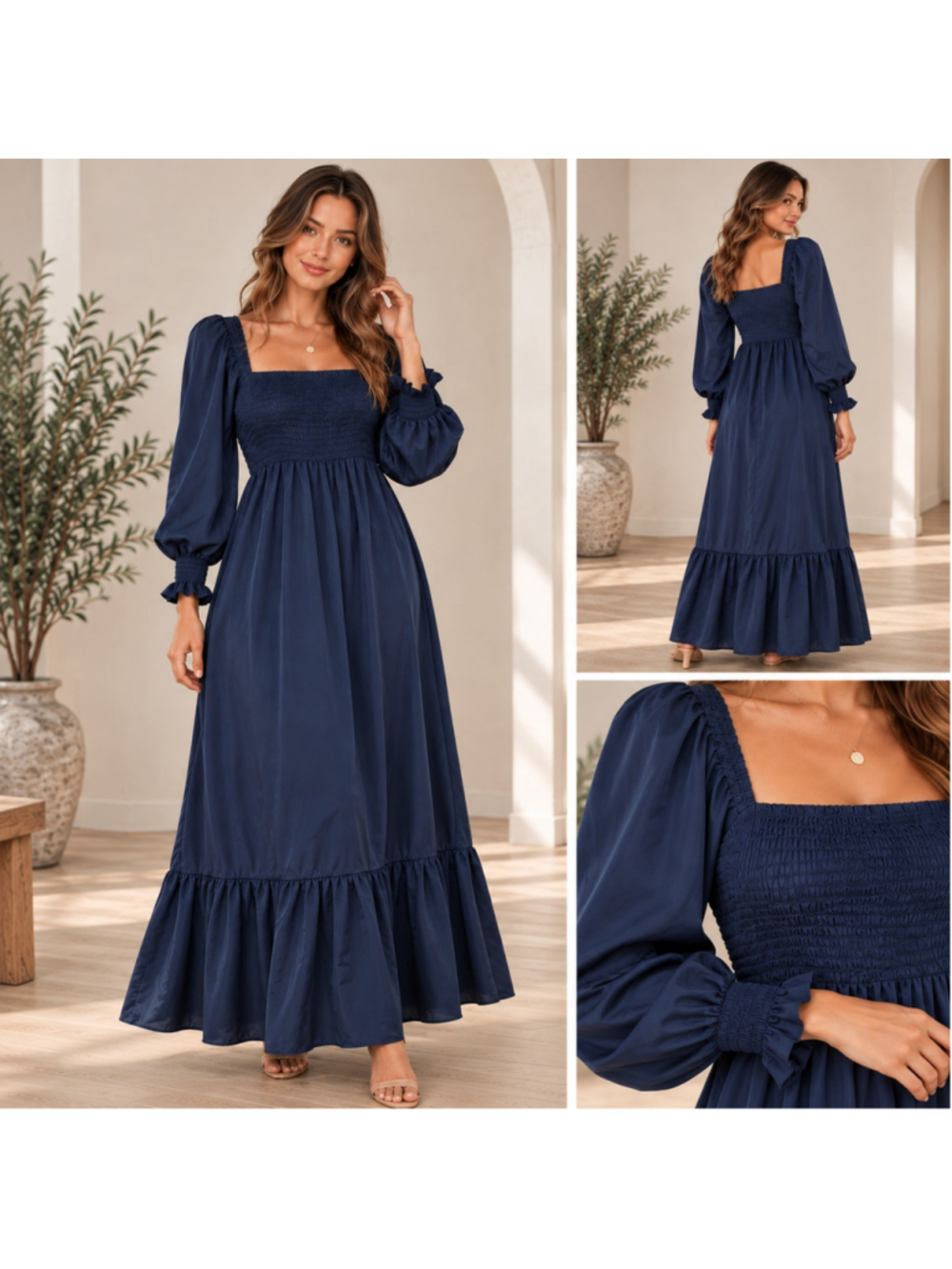 SHEIN Medium Navy Blue Square Neck Smocked Ruffle Hem Maxi Dress